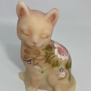 Fenton Frosted Beige Glass Cat Figurine With Hand Painted Floral Designs